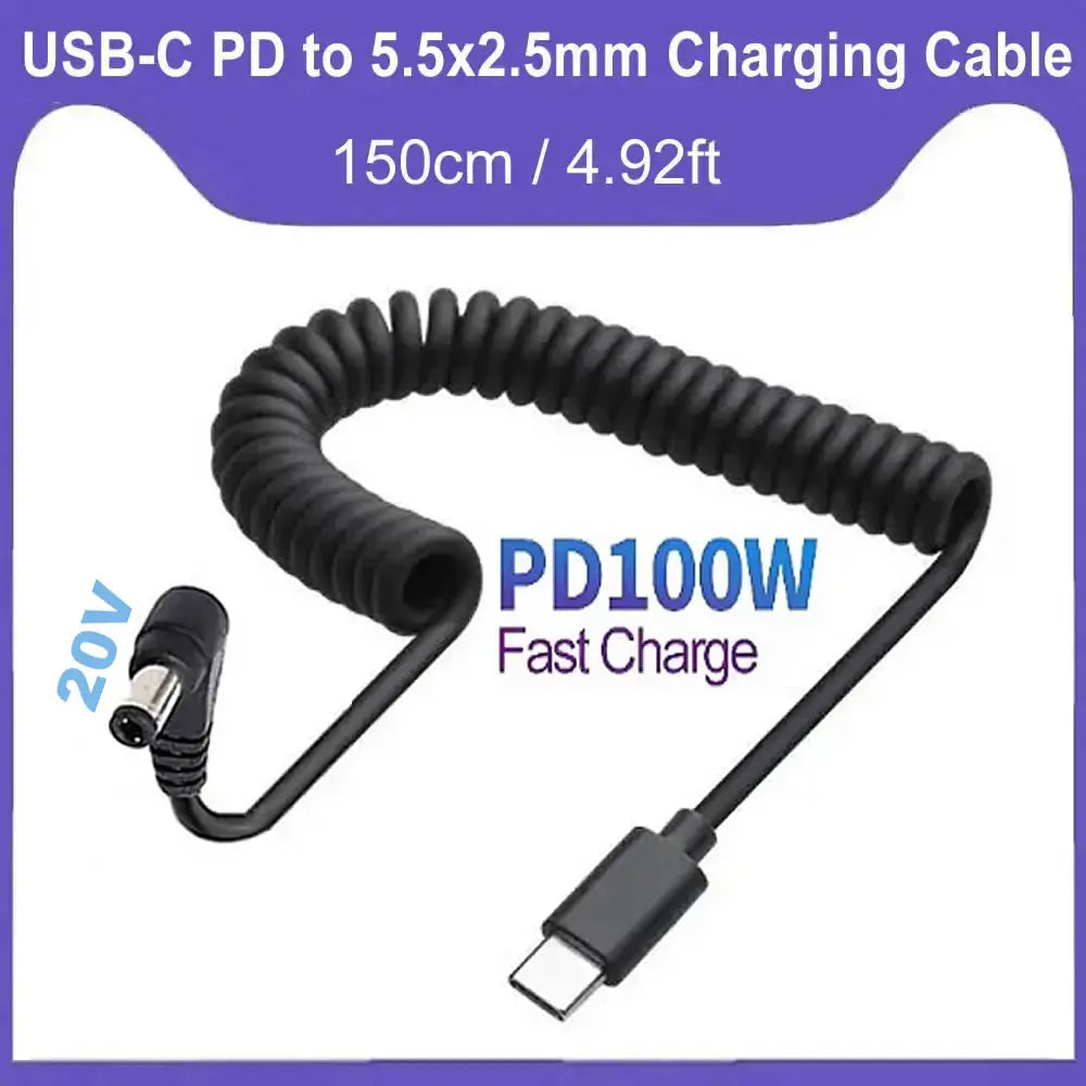 USB C auf DC 5,5 mm x 2,5 mm Netzkabel, USB Typ C PD-Eingang auf DC 20 V 5 A Ausgangsstromkabel, zum Aufladen im Freien, im Studio und auf Reisen