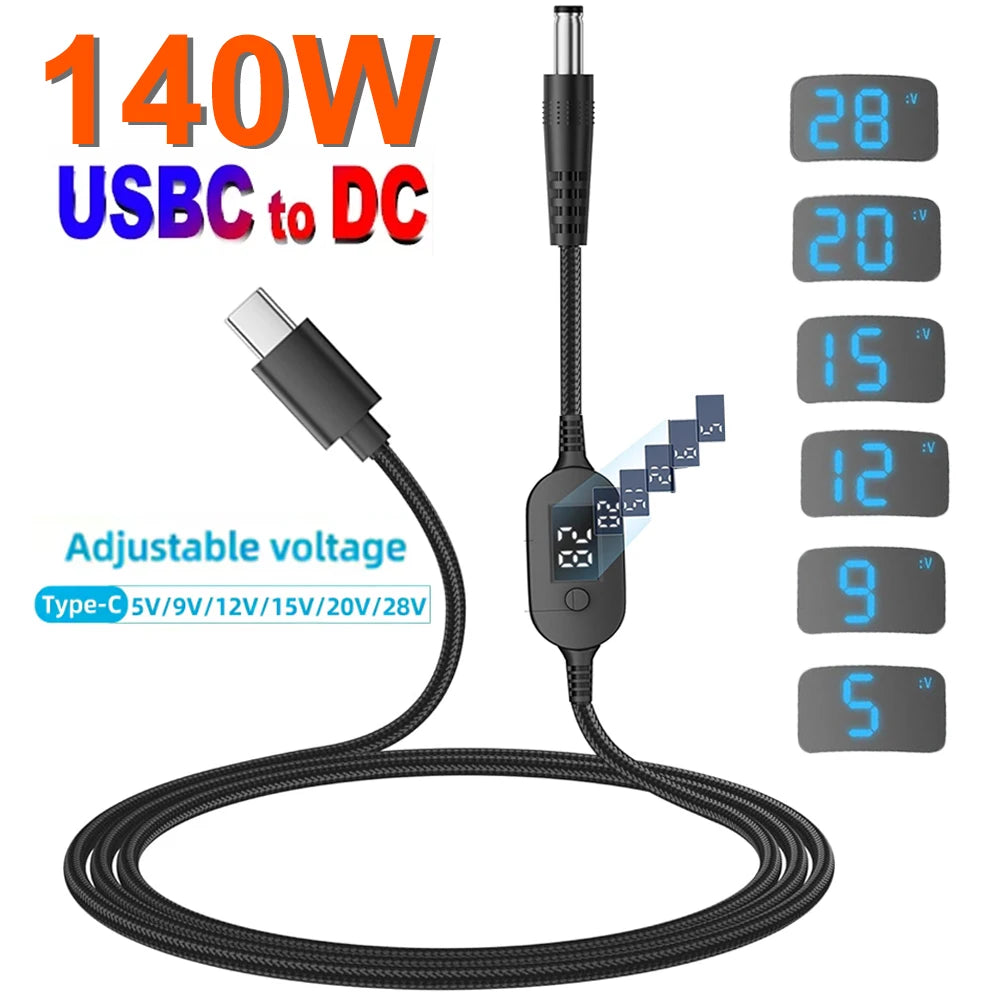 USB-C zu DC Stromkabel 140W PD Typ-C zu 5V 9V 12V 15V 20V 28V Einstellbarer Spannungsadapter Anschlusskabel für Laptops Router