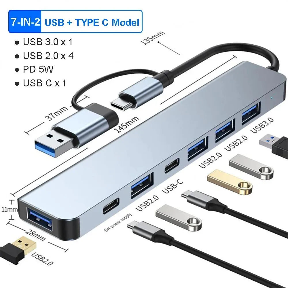 USB C Hub USB Hub 3.0, Aluminium 7-in-1 USB Extender, USB Splitter mit 1 x USB 3.0, 4 x USB 2.0 und 2 x USB C Ports