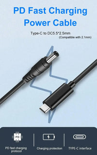 USB C auf DC 5,5 mm x 2,5 mm Netzkabel, USB Typ C PD-Eingang auf DC 20 V 5 A Ausgangsstromkabel, zum Aufladen im Freien, im Studio und auf Reisen