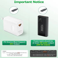 USB C auf DC 5,5 mm x 2,5 mm Netzkabel, USB Typ C PD-Eingang auf DC 20 V 5 A Ausgangsstromkabel, zum Aufladen im Freien, im Studio und auf Reisen