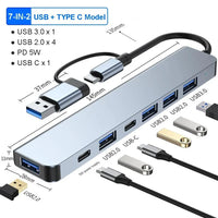 USB C Hub USB Hub 3.0, Aluminium 7-in-1 USB Extender, USB Splitter mit 1 x USB 3.0, 4 x USB 2.0 und 2 x USB C Ports