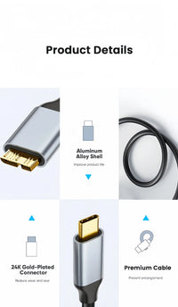 USB-C-auf-Micro-B-Kabel 3.0 (5 Gbit/s), Typ-C-Stecker auf Micro-B-Buchse, für externe Festplatte/SSD (Toshiba, WD, Seagate), MacBook, Laptop