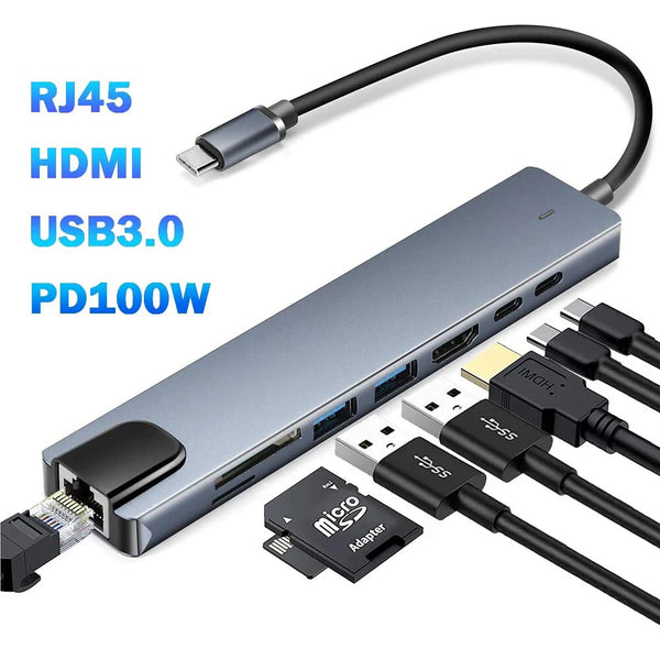 USB 3.0 Typ C HUB USB C Dockingstation zu HDMI 4K 30HZ Typ C zu RJ45 100Mbps Ethernet Adapter VGA Extender Kopfhörer PD 100W